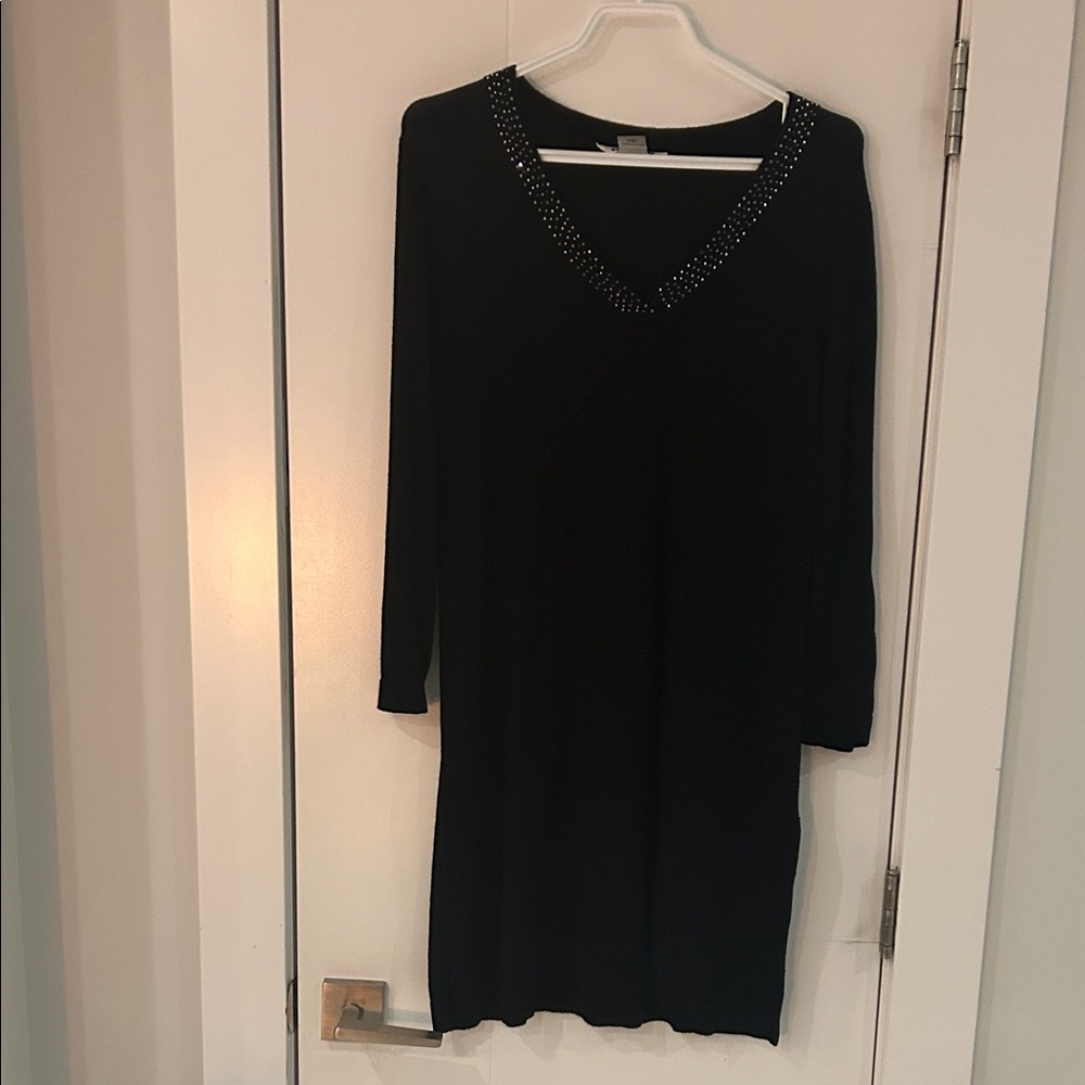 Peter Nygard Black Long Sleeve Dress with Embellished Neckline